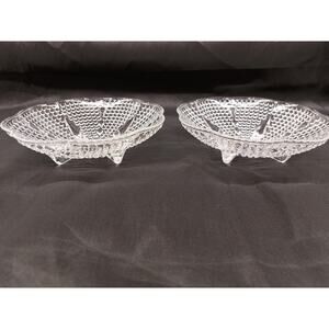 Set of 2 Vintage Footed Hobnail Hazel Atlas Teardrop Clear Glass Dish 6.5"